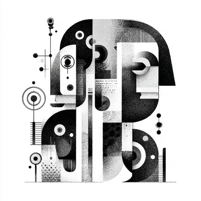 mechanical emotion intelligence shapes, minimalist black and white editorial illustration, high-contrast ink drawing, st