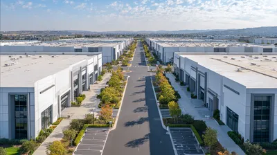 hyper-realistic industrial park, clean symmetrical warehouses, minimalist landscaping, neutral color palette, modern cor