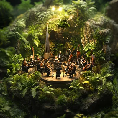 A fully equipped orchestra pit where musicians perform amid a lush, organic environment. The edges of the pit are lined 