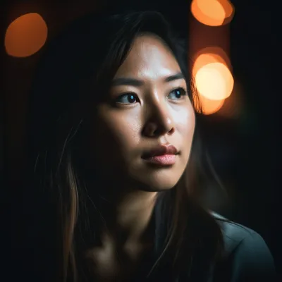 Portrait photo of a 30 year old asian woman, the portrait is shot on a mirrorless camera, a 50mm prime lens, and a drama
