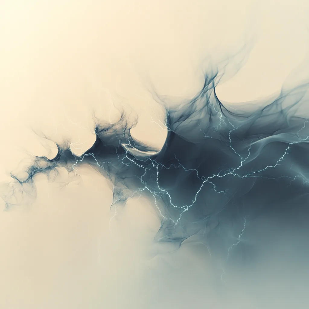 Abstract, ethereal form resembling a dark, cloud-like shape with lightning-like patterns of white and blue energy flowin