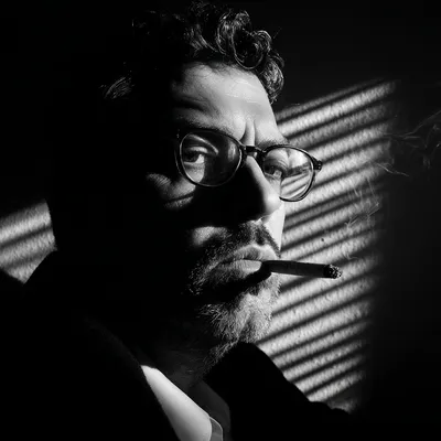 Black and white film noir portrait, 1940s detective film aesthetic. Dramatic chiaroscuro lighting with a hard, single ke