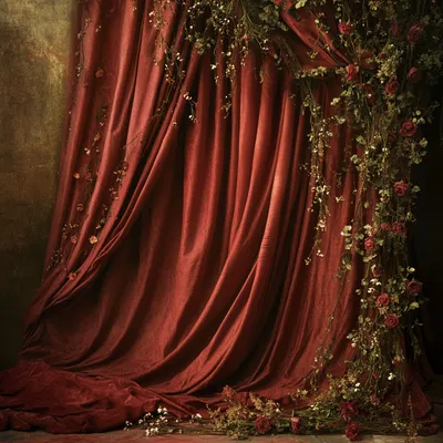 Massive theater curtains, deep red and heavy with history, subtly intertwined with fine strands of ivy and tiny blooming