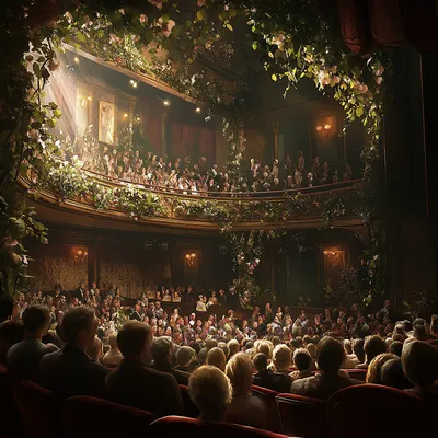 A fully packed theater with every seat occupied by an engaged, diverse audience. The classic plush seating is subtly ble