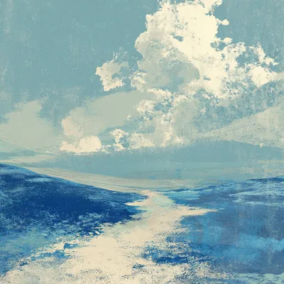 Expansive abstract landscape in soft halftone and heavy dithered texture, light-filled path or valley leading toward a d