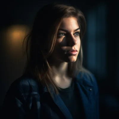 Portrait photo of a young woman, the portrait is shot on a mirrorless camera, a 50mm prime lens, and a dramatic lighting
