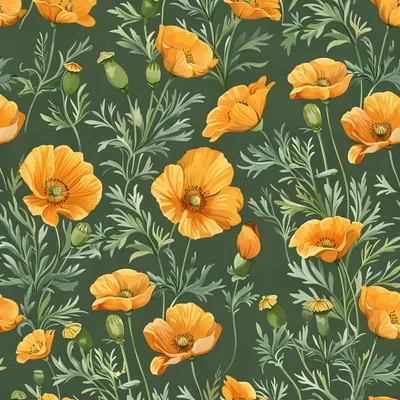 California poppy patten, green background