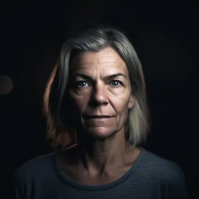 Portrait photo of a middle aged woman, the portrait is shot on a mirrorless camera, a 50mm prime lens, and a dramatic li