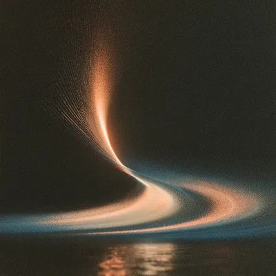 An abstract icon of generative exchange: many fine warm-gold filaments converging into one luminous, expanding field of