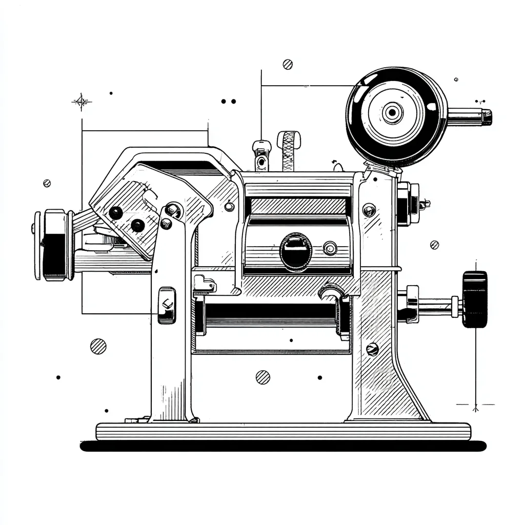 flat vector process diagram of a pasta extruder, black and white, thin linework, simple background, thoughtful editorial