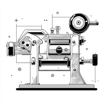 flat vector process diagram of a pasta extruder, black and white, thin linework, simple background, thoughtful editorial