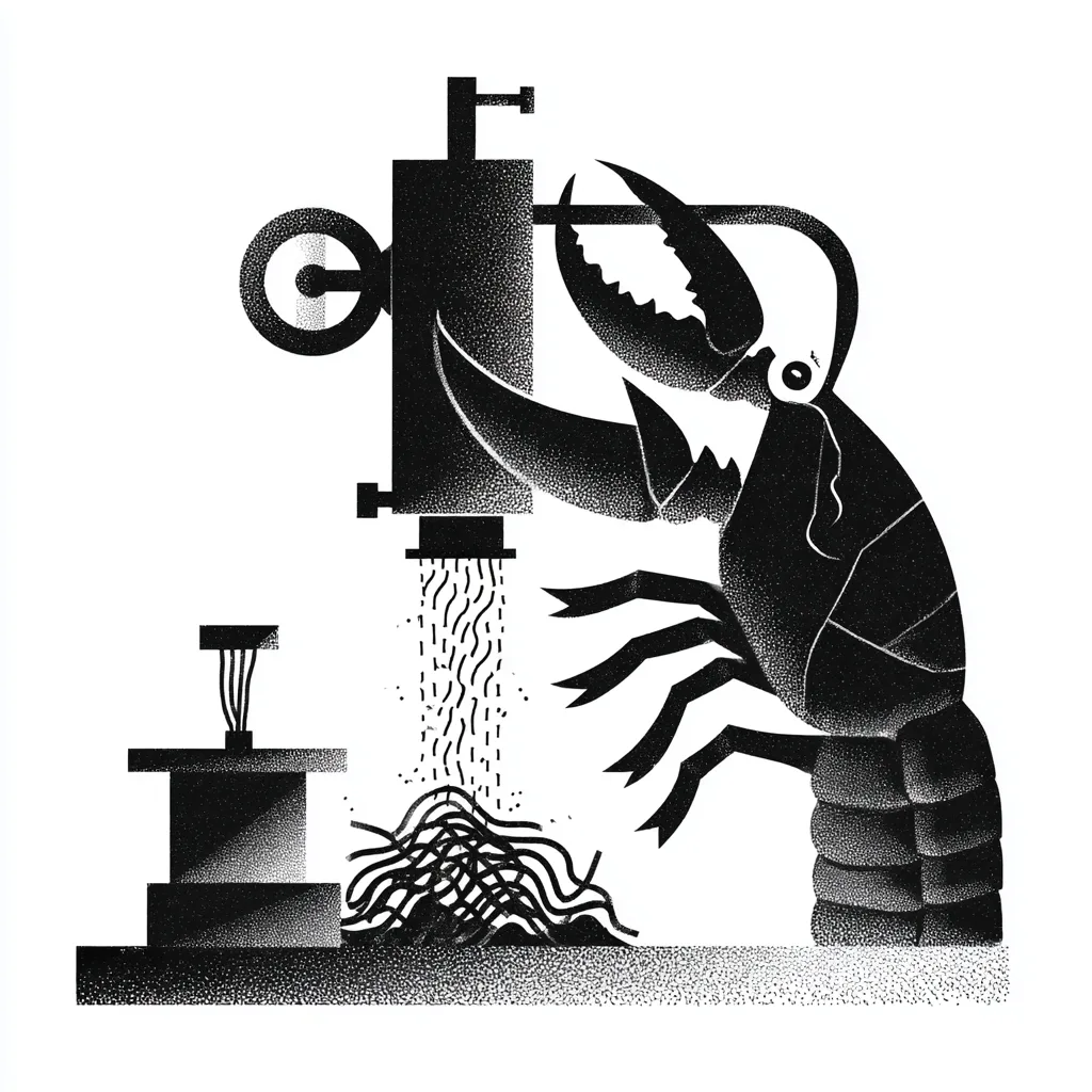 lobster going in to the extruder machine from the top side and pasta coming out of the extruder from the bottom onto the