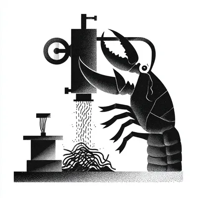 lobster going in to the extruder machine from the top side and pasta coming out of the extruder from the bottom onto the