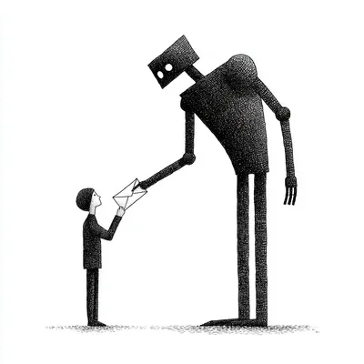 robot handing paper to human, minimal, minimalist black and white editorial illustration, high-contrast ink drawing, str
