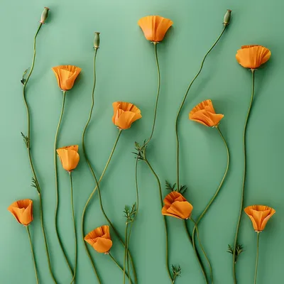 California poppy patten, growing upwards, twisting, green background