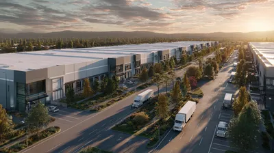 hyper-realistic aerial view of a modern industrial park, clean architecture, symmetrical warehouse buildings, manicured 