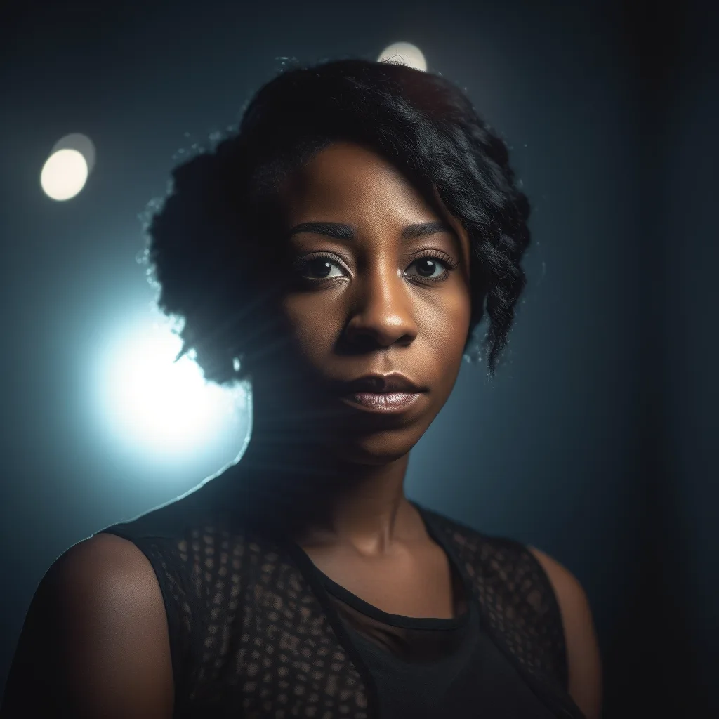 Portrait photo of a 30 year old black woman, the portrait is shot on a mirrorless camera, a 50mm prime lens, and a drama