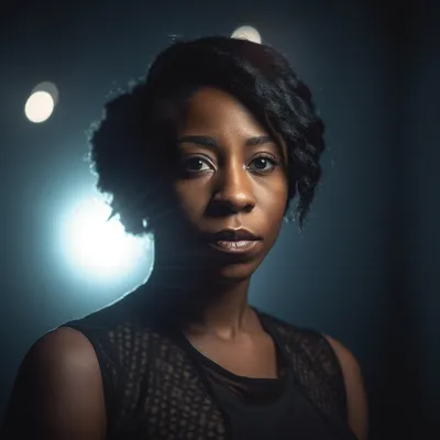 Portrait photo of a 30 year old black woman, the portrait is shot on a mirrorless camera, a 50mm prime lens, and a drama