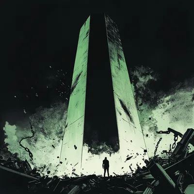 A dramatic, noir-style comic book illustration in the bold, high-contrast aesthetic of Frank Miller. At the center, a mo