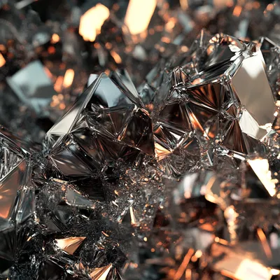 Explosive hyper-realistic close-up of chards of metal. The material appears pointy, with intricate details of light refr