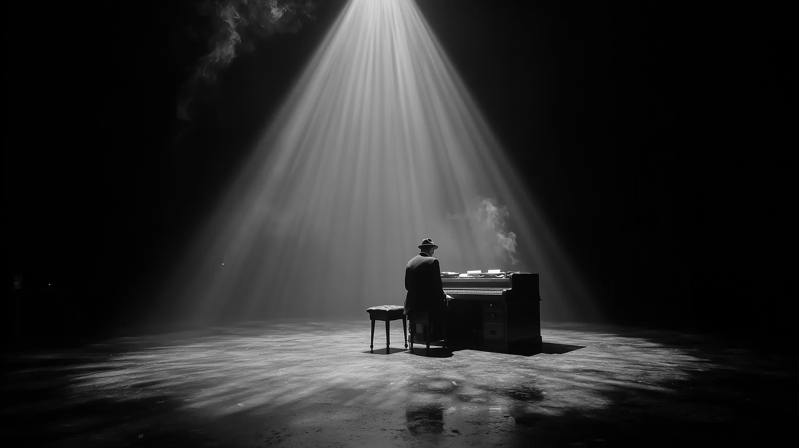 wide shot black and white film noir, tiny figure of a lawyer alone at a small desk in the center of a vast dark empty sp