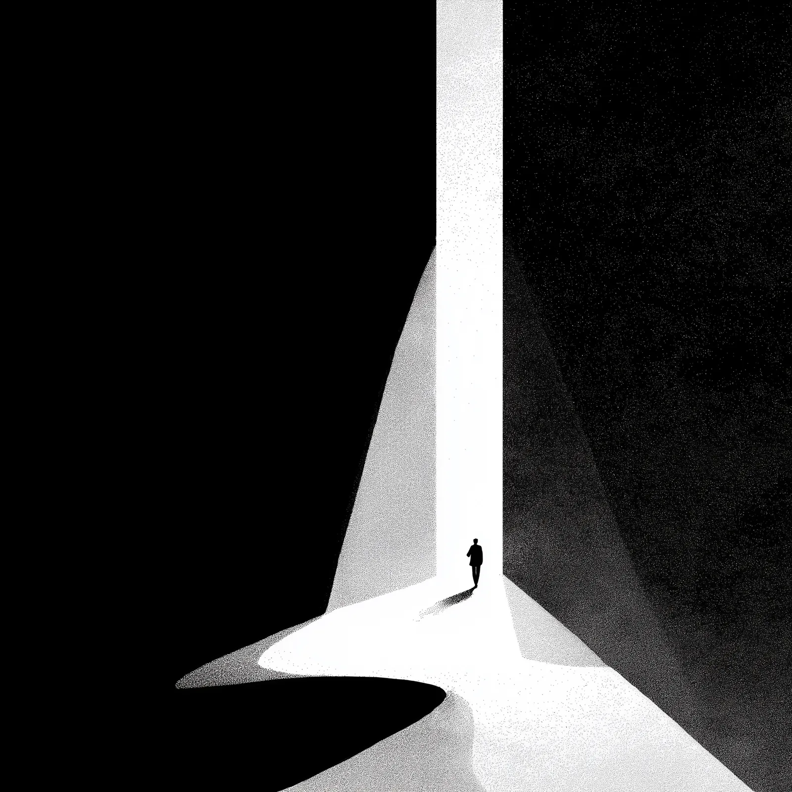 unkown place in isolation, minimalist black and white editorial illustration, bold flat silhouettes, high-contrast ink d