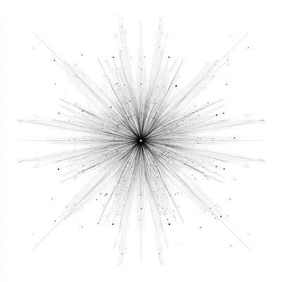 Minimalist abstract line diagram on white background, central core radiating structured lines outward in geometric patte