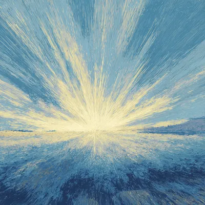 Abstract explosion of energy in an open landscape, upward burst of light and motion, halftone and heavy dithered texture
