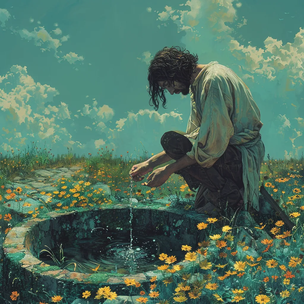 a programmer reciting a poem near a water well, pulling the pedals off a flower --s 250