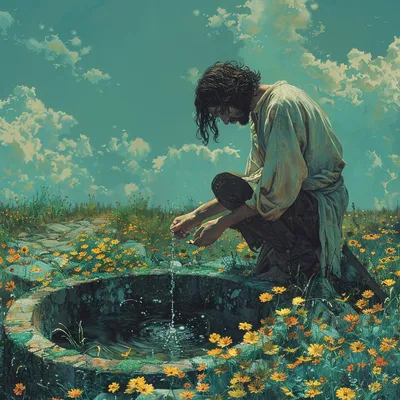 a programmer reciting a poem near a water well, pulling the pedals off a flower --s 250