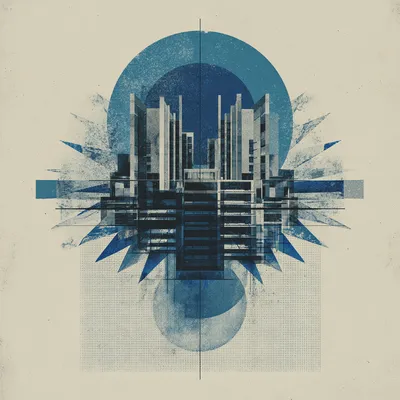 Abstract constructivist composition representing shared infrastructure, radial symmetry or stacked layers, isolated form