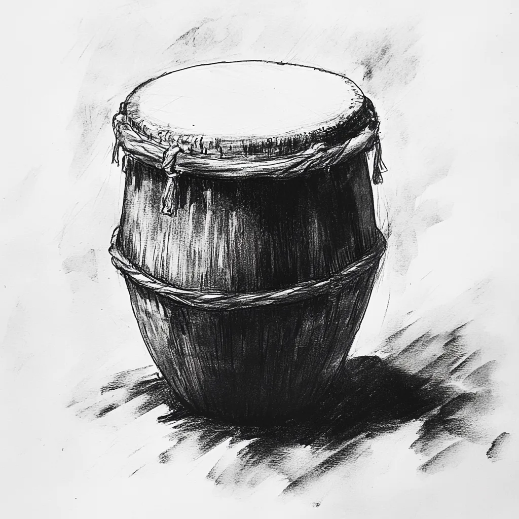 black and white vine charcoal sketch of a drum, simple shapes