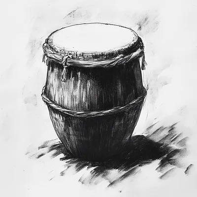 black and white vine charcoal sketch of a drum, simple shapes