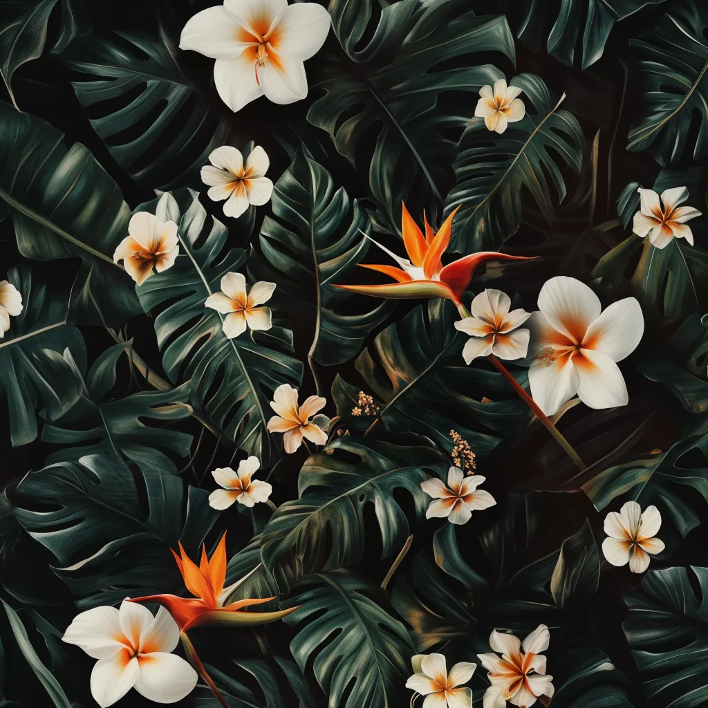 dark and tropical repeating pattern wallpaper, bird of paradise flower, white flowers, California poppy flowers, monster
