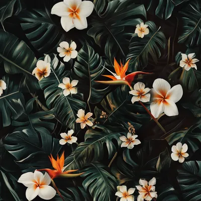 dark and tropical repeating pattern wallpaper, bird of paradise flower, white flowers, California poppy flowers, monster
