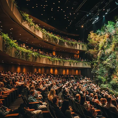 A fully packed theater with every seat occupied by an engaged, diverse audience. The classic plush seating is subtly ble