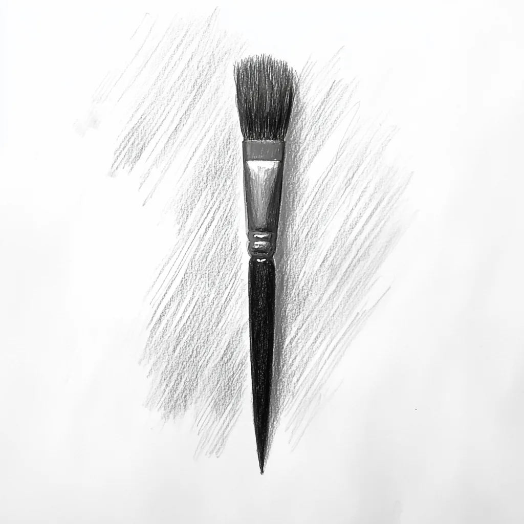black and white vine charcoal sketch of a paintbrush, simple shapes