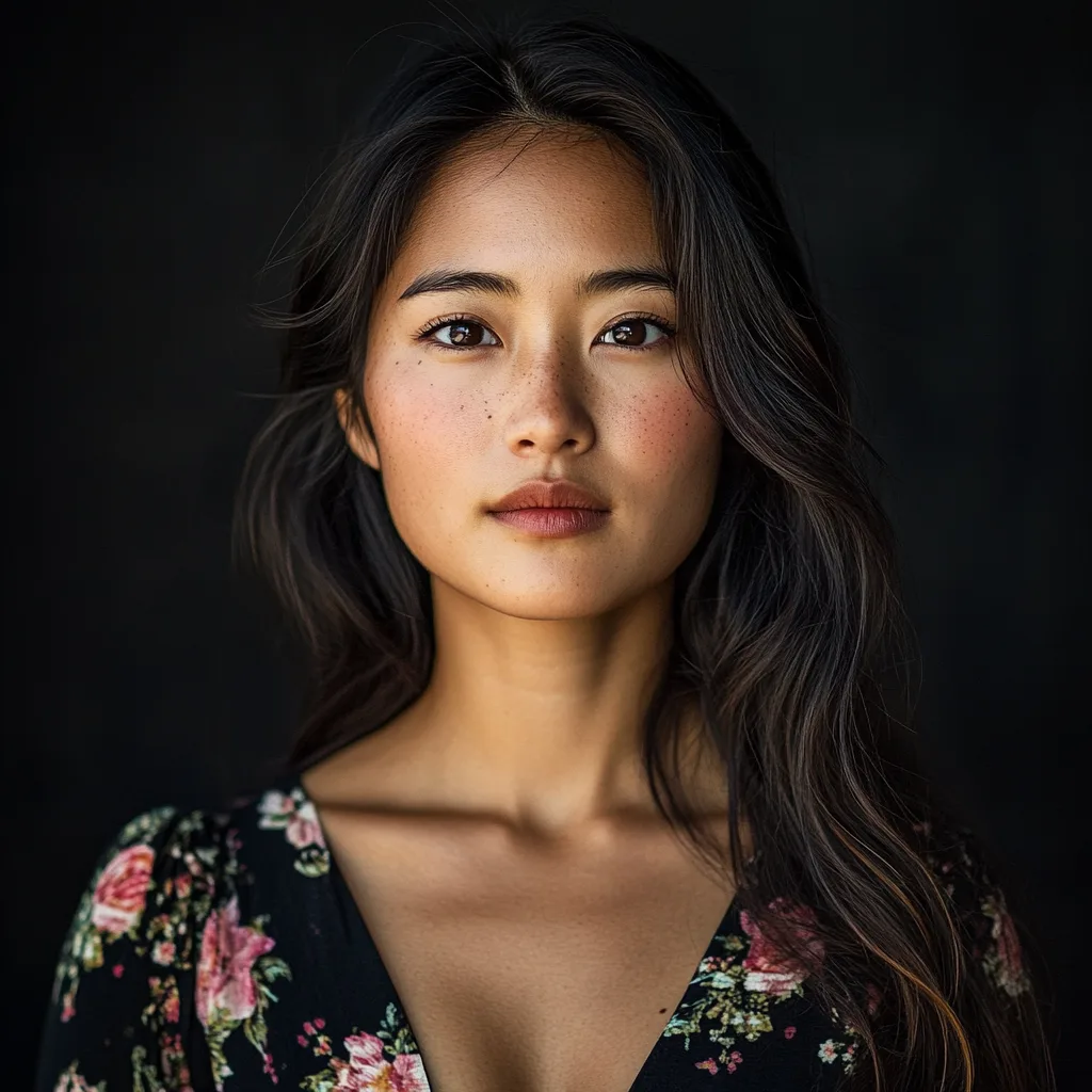 portrait, dark background, 29-year-old Asian woman, software engineer, lives in a metropolitan area, enjoys practicing y