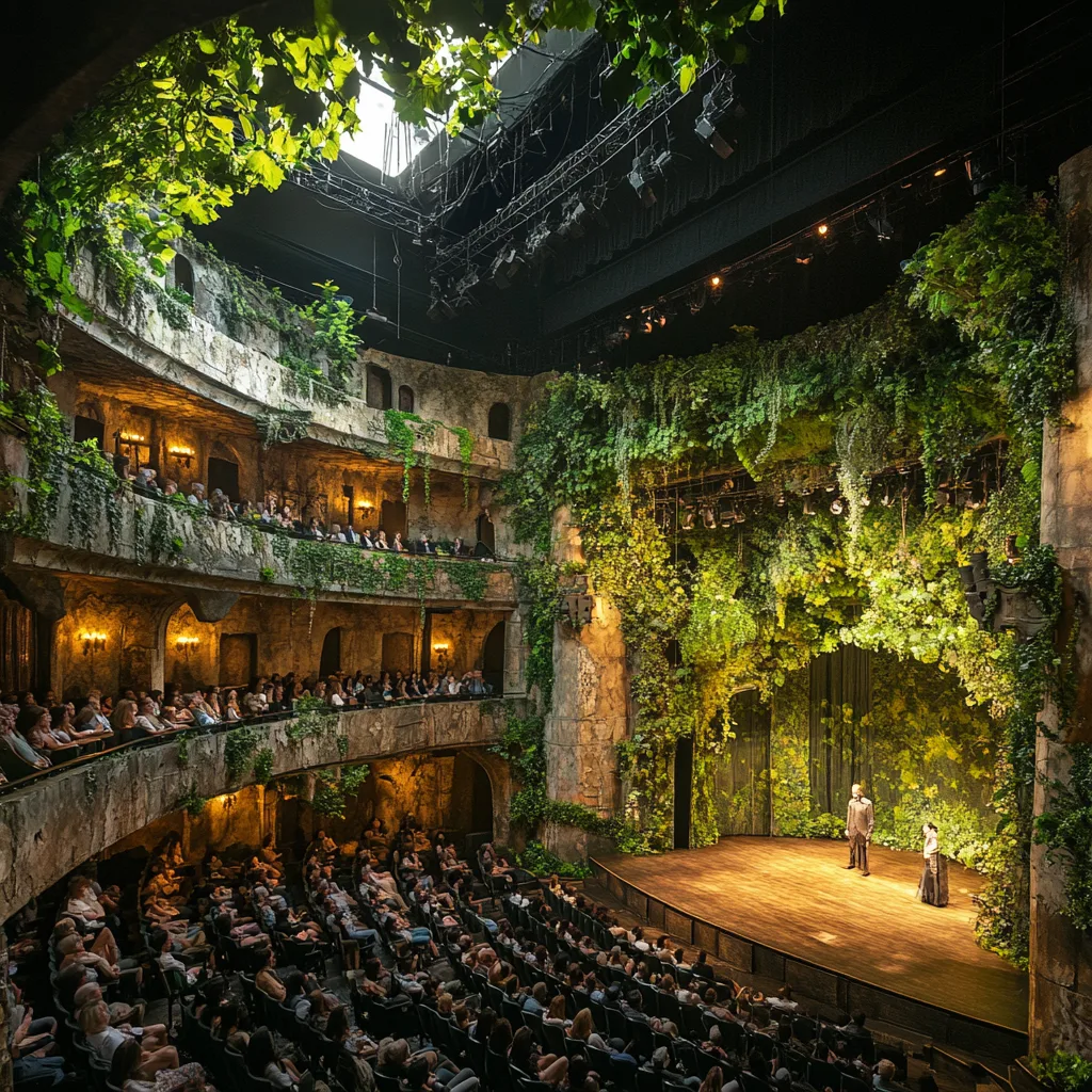 An entirely full theater, realistically transformed into a lush, green space with subtle touches of greenery. The walls