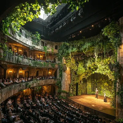 An entirely full theater, realistically transformed into a lush, green space with subtle touches of greenery. The walls