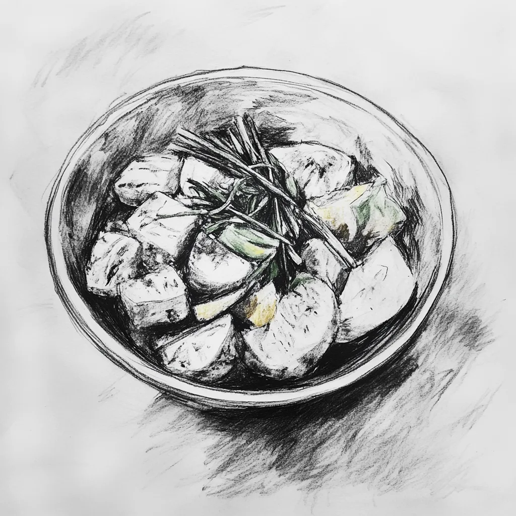 black and white vine charcoal sketch of a poke bowl, simple shapes