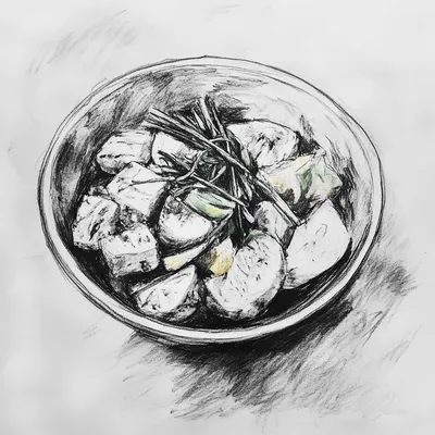 black and white vine charcoal sketch of a poke bowl, simple shapes