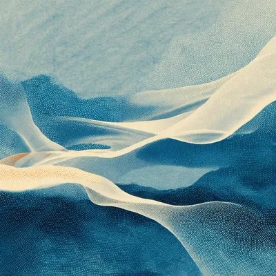 Abstract flowing currents in halftone and heavy dithered texture, organic ribbon-like forms in ethereal light blue to de