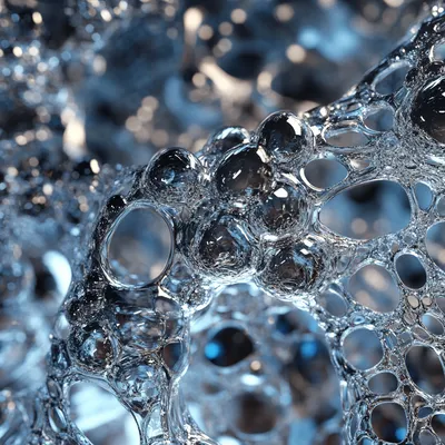 Ice cold hyper-realistic close-up of blobs of metal. The material appears bulbus, with intricate details of light refrac