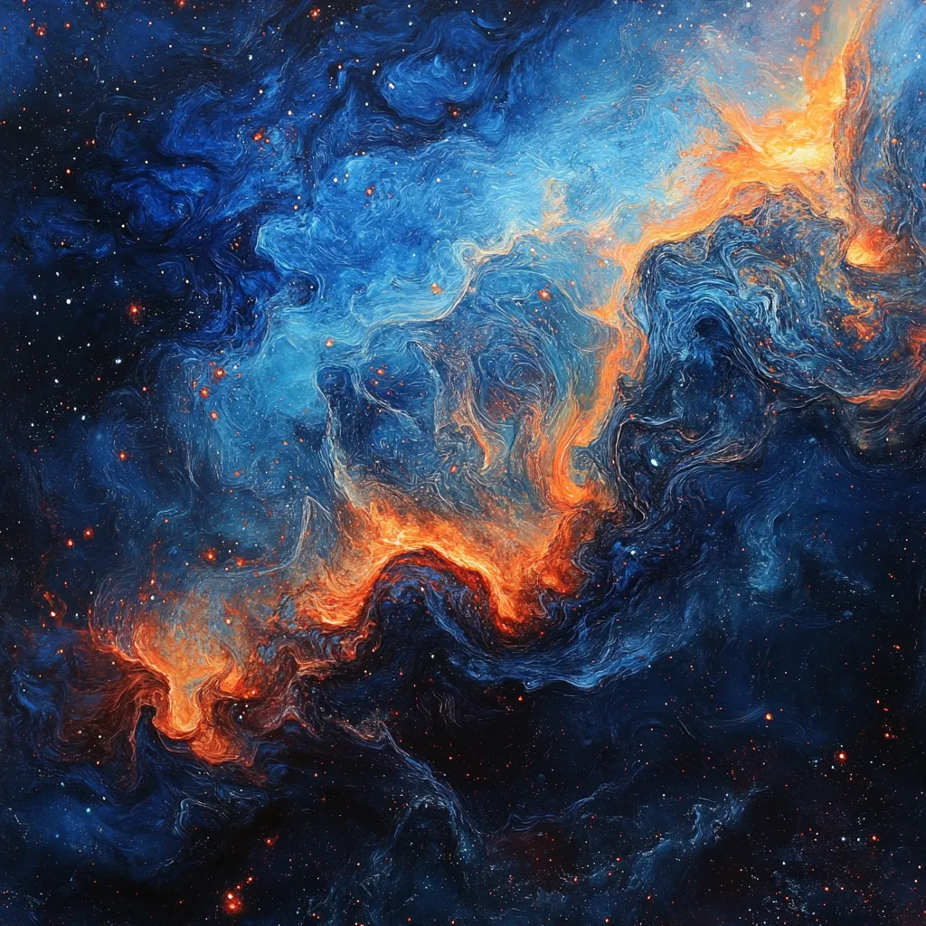 An abstract swirl of cosmic elements, featuring deep indigos, starlit sparkles, and fiery orange bursts. Wispy textures