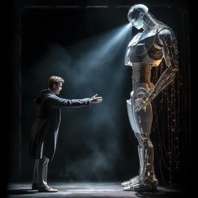 an image of a digital, ghost-like Hollywood actor, being manipulated by a robotic hand, standing on a stage that is spli