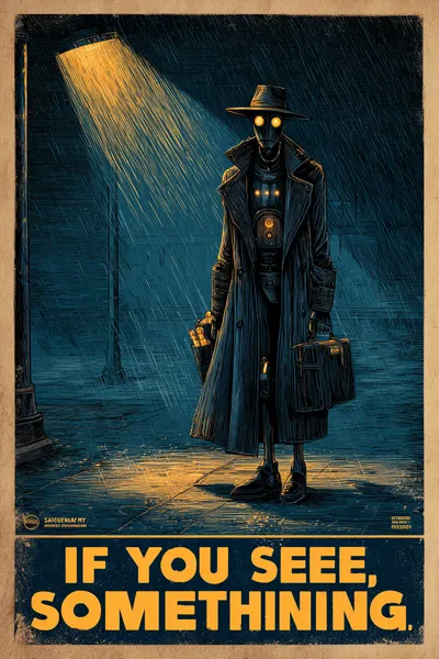 A public safety poster in the style of NYC MTA "If You See Something, Say Something" campaign. Dark noir scene of a huma