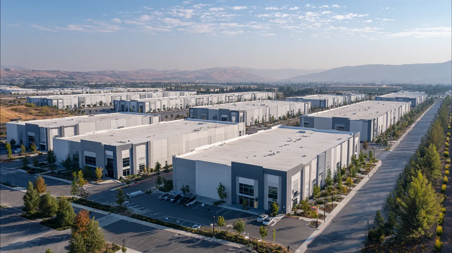 hyper-realistic industrial park, clean symmetrical warehouses, minimalist landscaping, neutral color palette, modern cor
