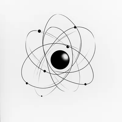 Minimalist black and white technical diagram of a single electron, close-up conceptual view, orbiting motion lines, atom