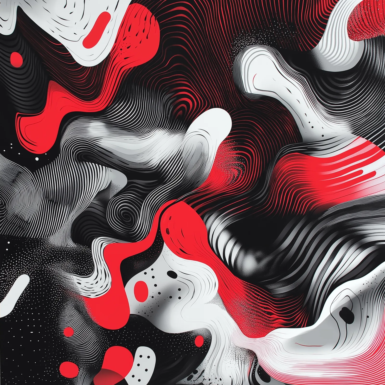 black and white and red, abstract art, dense data patterns, liquid, colorful, simple shapes --v 6.1